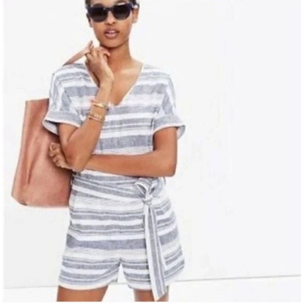 Madewell womens Sz M blue white linen blend striped Romper